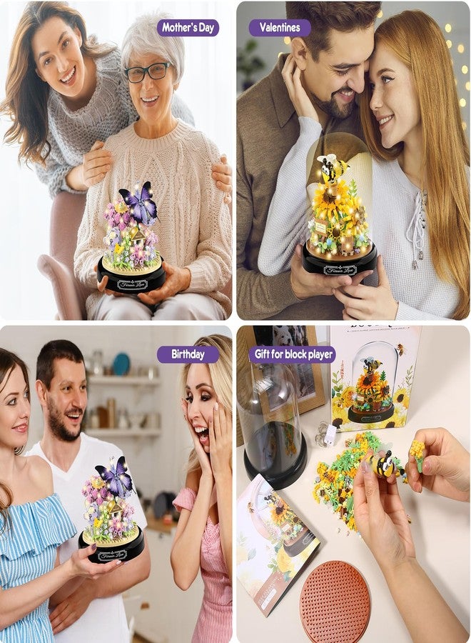 VZZNN 2 Pack Flower Bouquet Building Sets with LED Lighting,Animals Flowers Botanical Collection Mini Building Blocks Set, Valentine's Day for Her Mom Women Wife Girlfriend(Bee,Butterfly) - Image 4